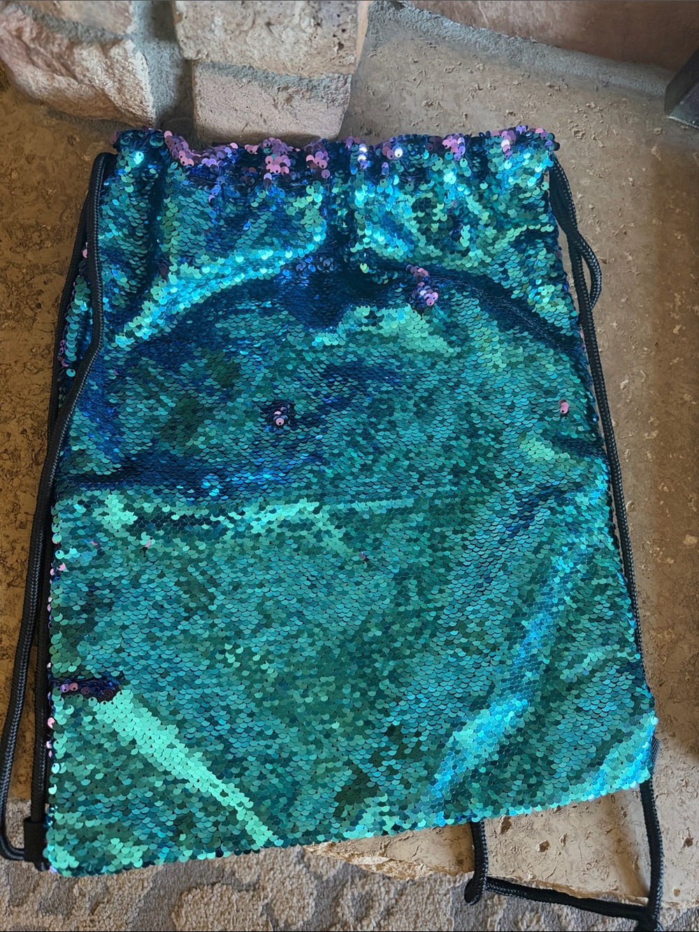 Mermaid Sequin Drawstring Backpack in Teal & Purple Reversable